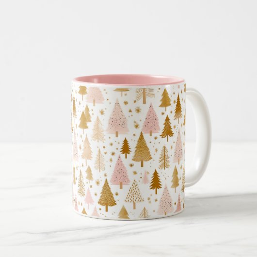 Modern roze en gouden kerstboom patroon tweekleurige koffiemok (Voorkant rechts)