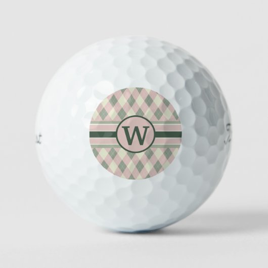 Modern Roze en Groene Argyle Patroon Monogram Golfballen (Voorkant)