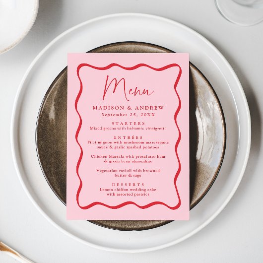 Modern Roze en Rode Golvende Lijst Bruiloft Menu