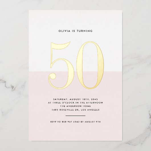 Modern Roze en Wit 50e Verjaardag Gouden Folie Folie Uitnodiging (Voorkant)