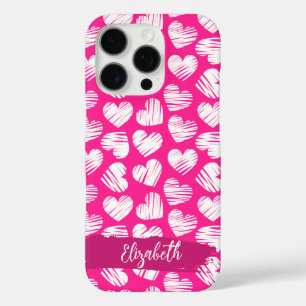 Modern Roze en Wit Doodled Heart Valentijn Naam iPhone 16 Pro Hoesje