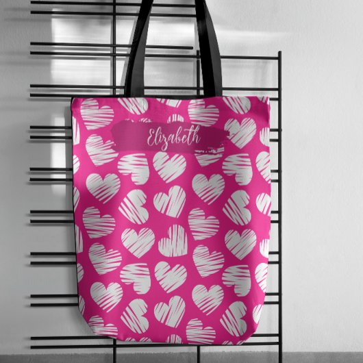 Modern Roze en Wit Doodled Heart Valentijn Naam Draagtas