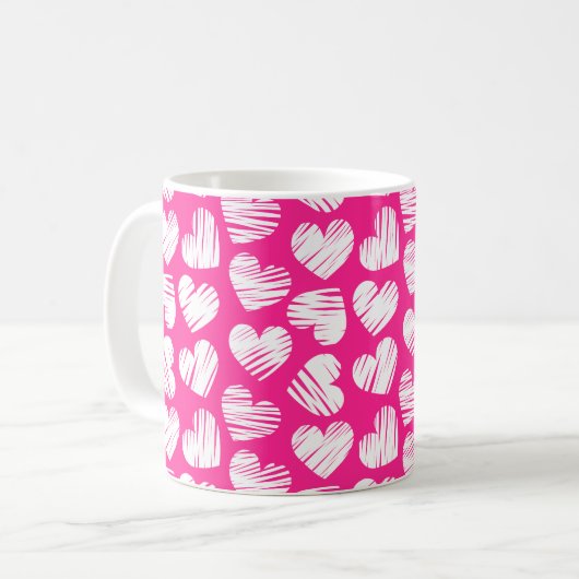 Modern Roze en Wit Doodled Heart Valentijn Naam Koffiemok (Voorkant links)