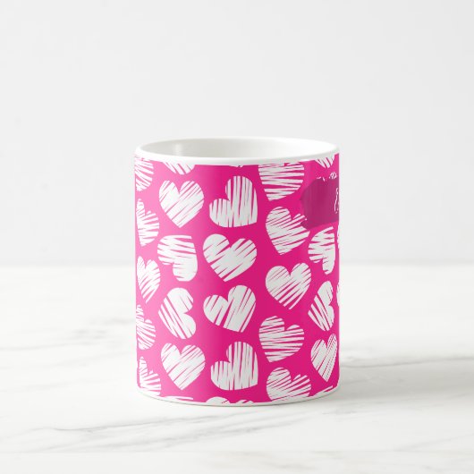 Modern Roze en Wit Doodled Heart Valentijn Naam Koffiemok (Center)