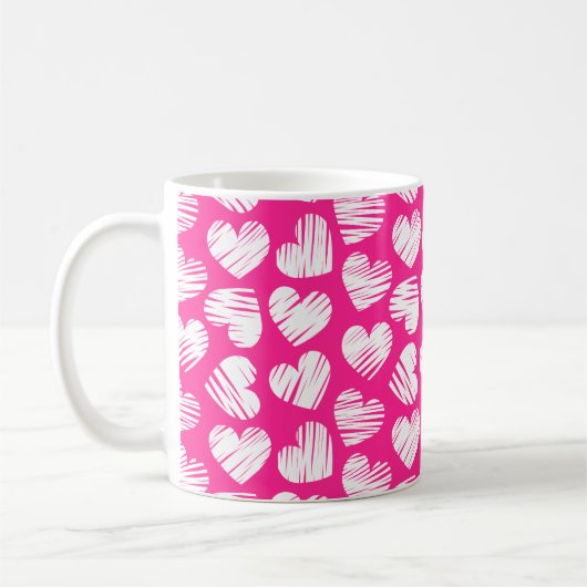 Modern Roze en Wit Doodled Heart Valentijn Naam Koffiemok (Links)