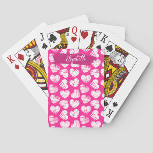 Modern Roze en Wit Doodled Heart Valentijn Naam Pokerkaarten
