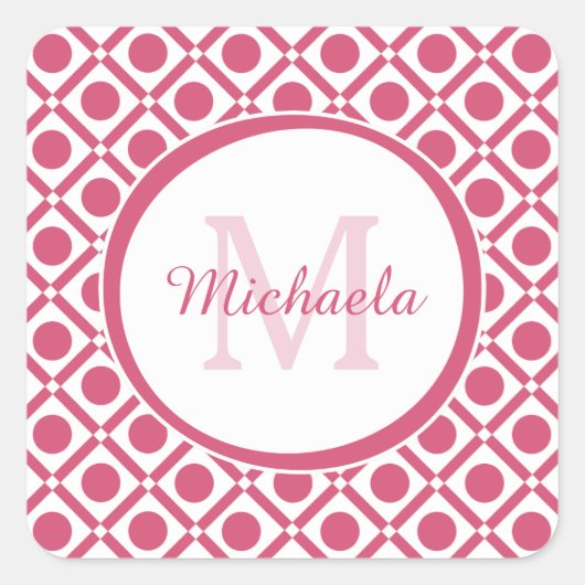 Modern roze en wit geometrisch monogram met naam vierkante sticker (Voorkant)