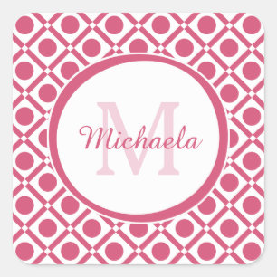 Modern roze en wit geometrisch monogram met naam vierkante sticker
