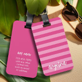Modern Roze en Wit Gestreept Patroon Script Naam Bagagelabel