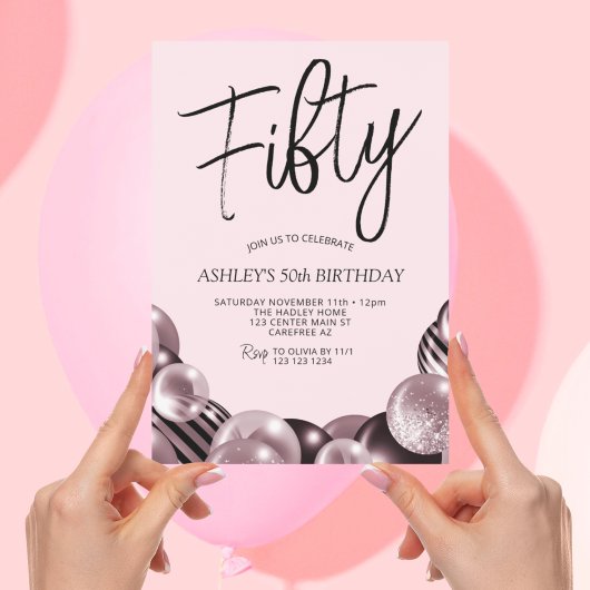 Modern Roze en Zwart 50ste verjaardag Kaart
