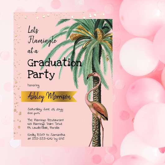 Modern Roze Flamingo Palm Afstudeerder Kaart