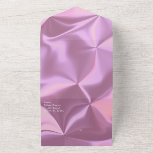 Modern Roze Folie Zwart Glanzend Bruiloft All In One Uitnodiging (Buitenkant)