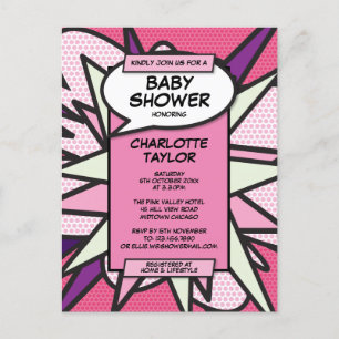 Modern Roze Foto Comic Book Baby shower Sprinkle Uitnodiging Briefkaart