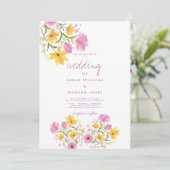 Modern roze geel waterverf bloemenbruiloft kaart (Staand voorkant)