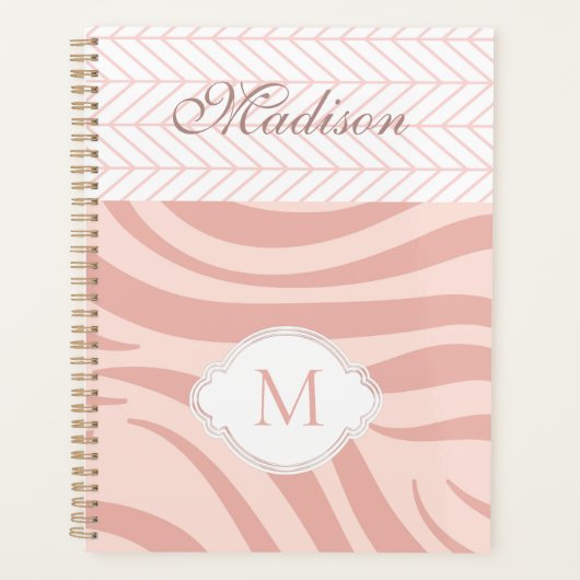 Modern roze Geometric Zebra Trendy Monogram Planner (Voorkant)