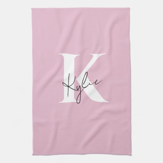 Modern roze gepersonaliseerde monogram naam - theedoek (Verticaal)