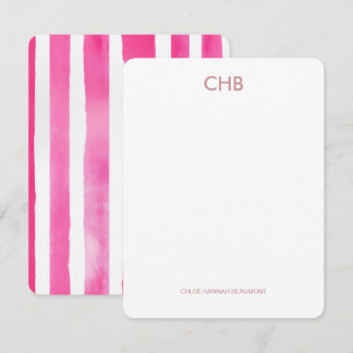 Modern Roze Gestreept Monogrammed Initiaal & Naam Notitiekaartje