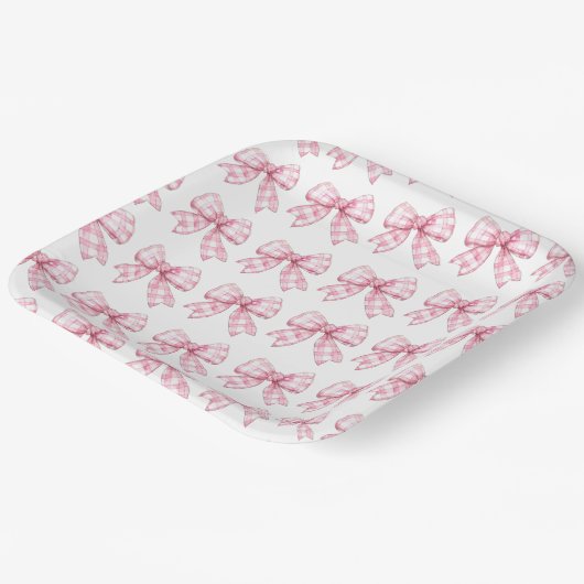 Modern Roze Gingham Bow Pattern Baby shower Papieren Bordje (Gebogen)