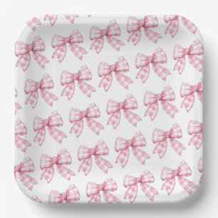 Modern Roze Gingham Bow Pattern Baby shower Papieren Bordje