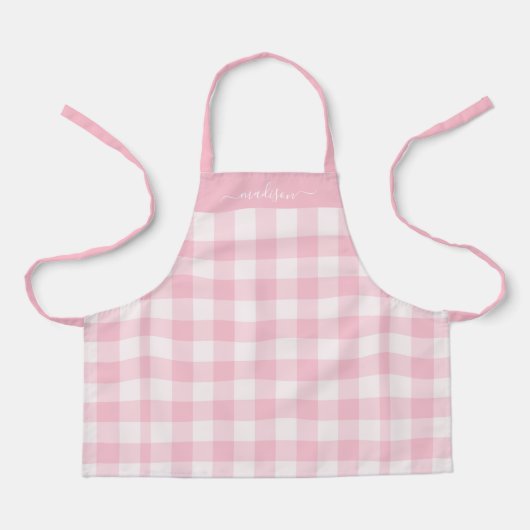 Modern roze gingham script naam schort (Voorkant)