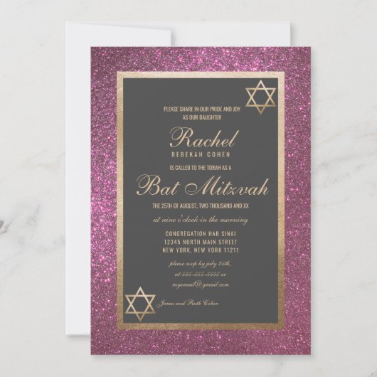Modern roze glitter dik border bat Mitzvah Kaart (Voorkant)