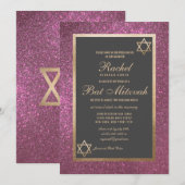Modern roze glitter dik border bat Mitzvah Kaart (Voorkant / Achterkant)