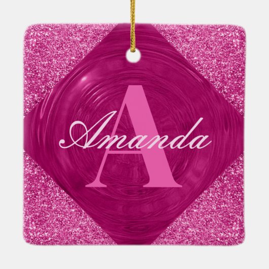 Modern Roze Glitter Girly Monogram Keramisch Ornament (Achterkant)