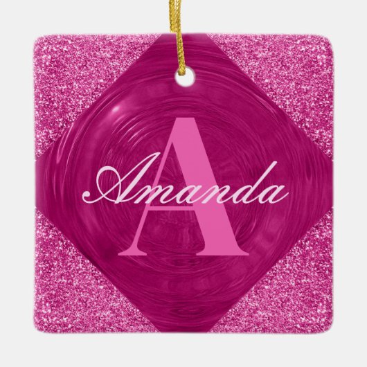 Modern Roze Glitter Girly Monogram Keramisch Ornament (Voorkant)