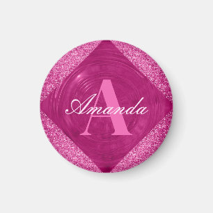 Modern Roze Glitter Girly Monogram Magneet