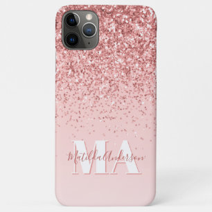 Modern roze glitter monogram gepersonaliseerd iPhone 11 pro max hoesje