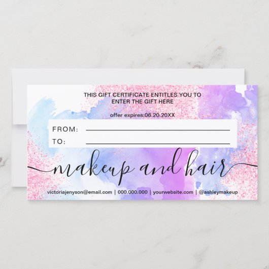 Modern roze glitter paarse waterverf scriptgeschen (Achterkant)