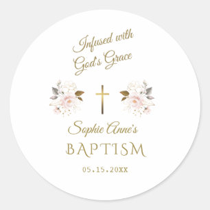 Modern roze goud bloemenkalligrafie meisje doop ronde sticker