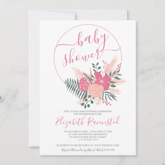 Modern roze groen bloemenboeket lettertype baby sh kaart (Voorkant)