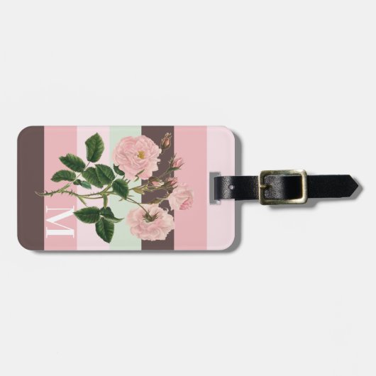 Modern Roze Groen Bruin Gestreept Bloemmonogram Bagagelabel (Voorkant horizontaal)