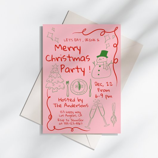 Modern roze handgetekende kerstfeest kaart