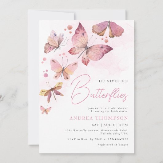 Modern roze Hij geeft me vlinders Vrijgezellenfees Kaart (Voorkant)