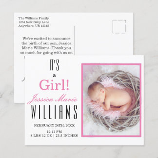 Modern Roze is een meisje! Baby Geboorteaankondigi Briefkaart