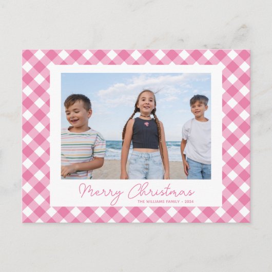 Modern Roze Kerst Gingham Foto Briefkaart (Voorkant)
