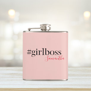 Modern Roze Meisje Boss & Name   Meisjescadeau Heupfles