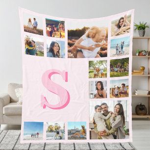 Modern Roze Monogram Custom 15 Fotocollage Fleece Deken