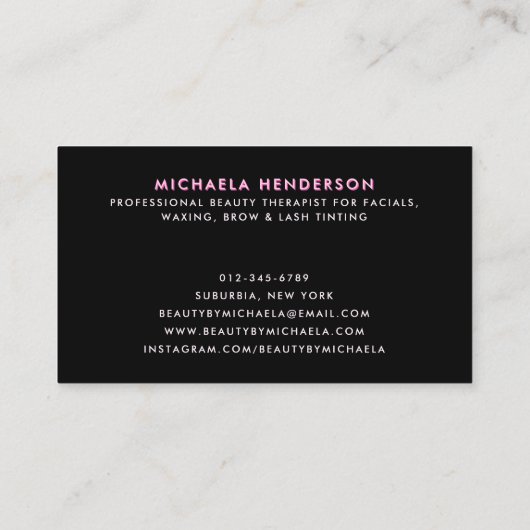 Modern roze neon 'schoonheid' teken op bakstenen m visitekaartje (Achterkant)