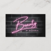 Modern roze neon 'schoonheid' teken op bakstenen m visitekaartje (Voorkant)
