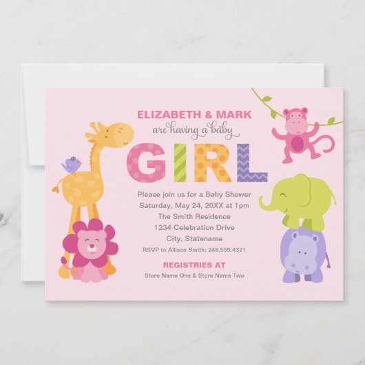 Modern Roze Oerwoud Dieren Meisje Baby shower Kaart (Voorkant)