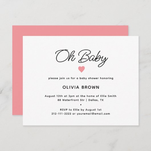 Modern Roze Oh Baby shower Invitation Informatiekaartje (Voorkant / Achterkant)