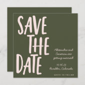 Modern roze olijfgroen handschrift bruiloft save the date (Voorkant / Achterkant)