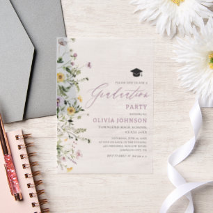 Modern Roze Paarse Wildflower Afstudeerfeest Vellum Uitnodigingen
