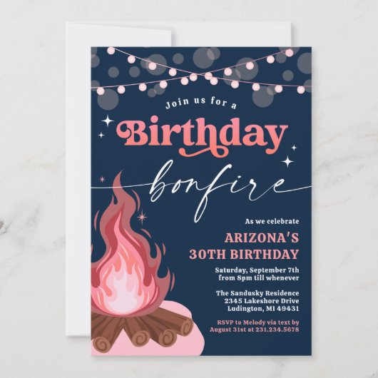 Modern Roze + Peach Verjaardag Bonfire uitnodiging (Voorkant)