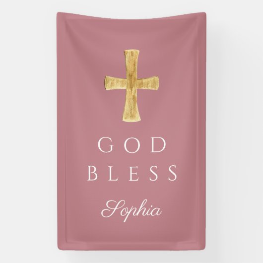 Modern Roze Religieus Kruis Meisje God Zegen Spandoek (Verticaal)