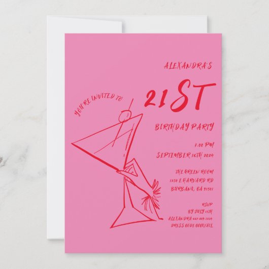 Modern Roze Rood 21e Verjaardag Uitnodiging (Voorkant)