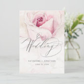 Modern Roze Rose Waterverf Bloemenscript Bruiloft Kaart (Staand voorkant)
